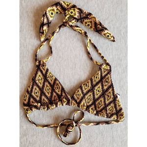 TORI PRAVER TRIANGLE CROCHET BROWN MULTI COLOR STRING BIKINI TOP NWOT